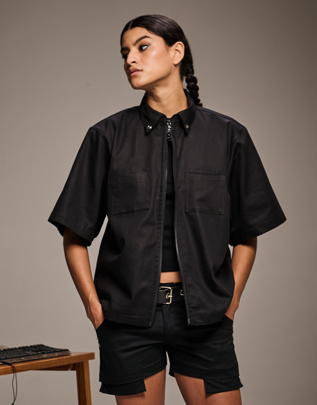 Black Boxy Rework Zipper Shirt